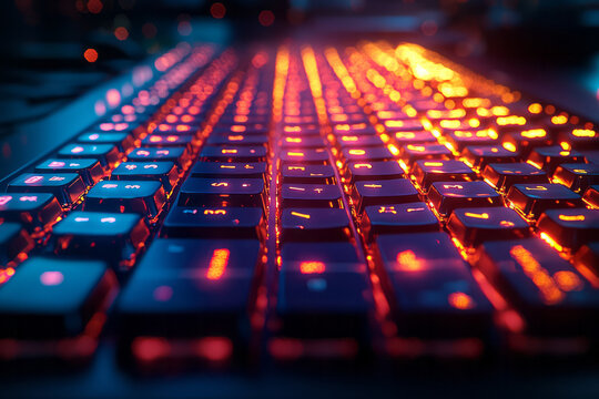 Dramatic overhead shot of a coder&acirc;&euro;&trade;s keyboard, their reflection in each glossy key, signifying deep immersion,