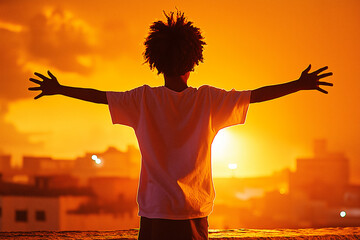 Fototapeta premium Black man stands on rooftop with arms outstretched against a vibrant sunset backdrop