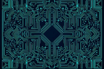 Abstract close-up of a glowing blue digital circuit board, showcasing intricate connections and technological design on a black background.
