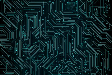 Abstract close-up of a glowing blue digital circuit board, showcasing intricate connections and technological design on a black background.
