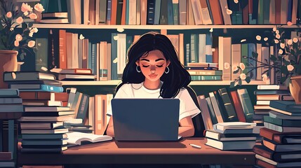 Young woman studying a laptop in a library surrounded by books
