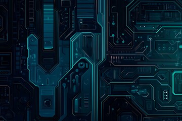 Abstract close-up of a glowing blue digital circuit board, showcasing intricate connections and technological design on a black background.
