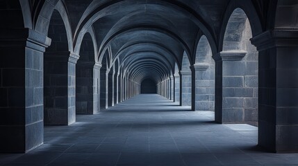 Fototapeta premium A serene corridor featuring arched stone architecture and soft lighting.