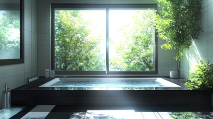 Minimalist black-and-white bathroom showcasing a large bathtub, a bright window, and a green plant for a clean and serene design.