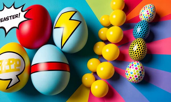 Vibrant Easter eggs in a comic book style with speech bubbles, lightning bolts, and polka dots