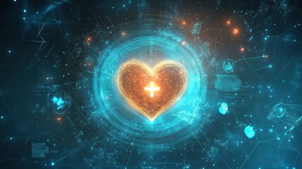 Obraz premium A serene scene of a glowing heart symbol surrounded by a soft blue aura, with medical icons like a stethoscope and cross seamlessly integrated