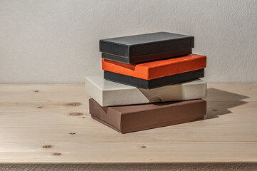 Gift boxes on a wooden table.