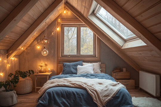 Stylish bedroom featuring skylight and soft bedding for relaxation - Powered by Adobe