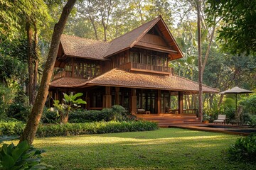 Serene wooden house surrounded by lush greenery in a peaceful garden setting during the afternoon sunlight. Generative AI