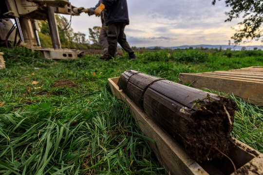 Soil sample for geological subsoil research drilled by a drilling rig