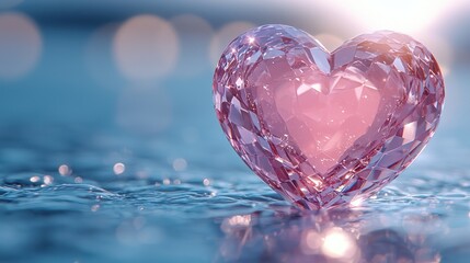 Fototapeta premium A sparkling pink crystal heart on a reflective surface.