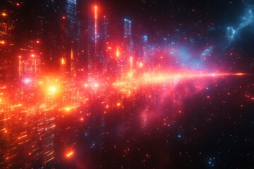 Obraz premium Futuristic city skyline at night, glowing with red and blue neon lights reflecting on a dark, starry surface.