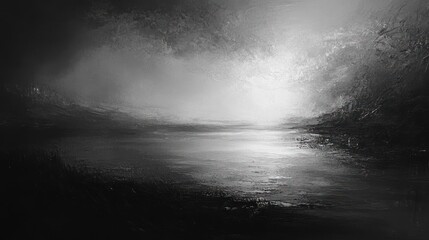 A monochromatic landscape depicting a serene body of water under a misty sky.