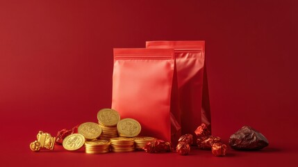 A traditional red packet paired with golden coins and lucky charms, arranged neatly on a vibrant red background