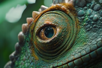 Fototapeta premium Close-up of a chameleon's eye capturing its texture and vibrant colors.