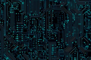 Abstract close-up of a glowing blue digital circuit board, showcasing intricate connections and technological design on a black background.
