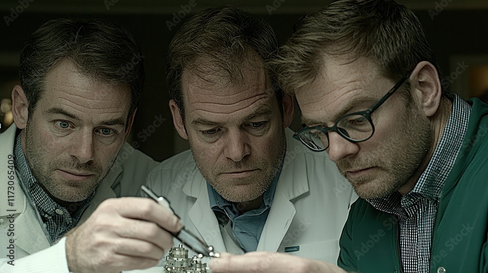 Poster three scientists examining a complex mechanism