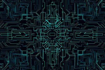 Abstract close-up of a glowing blue digital circuit board, showcasing intricate connections and technological design on a black background.
