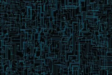 Abstract close-up of a glowing blue digital circuit board, showcasing intricate connections and technological design on a black background.
