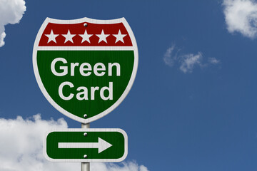 Green Card Road Sign Direction with blue sky