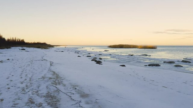 A serene winter scene of a frozen shoreline along Lake Ladoga with scattered rocks partially covered by ice, reflecting the soft hues of sunset in the distance
