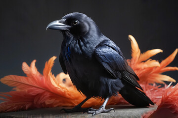 Fototapeta premium Mysterious Black Raven with Intense Gaze Against Dramatic Orange Background