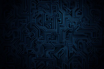 Abstract close-up of a glowing blue digital circuit board, showcasing intricate connections and technological design on a black background.
