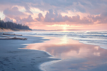Fototapeta premium Peaceful beach scene at dusk with colorful sky and calm ocean waves
