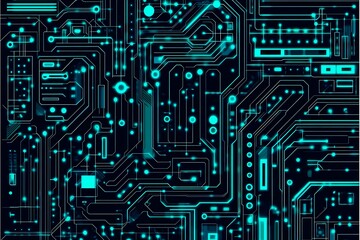 Abstract close-up of a glowing blue digital circuit board, showcasing intricate connections and technological design on a black background.
