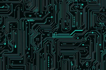 Abstract close-up of a glowing blue digital circuit board, showcasing intricate connections and technological design on a black background.
