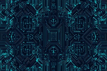 Abstract close-up of a glowing blue digital circuit board, showcasing intricate connections and technological design on a black background.
