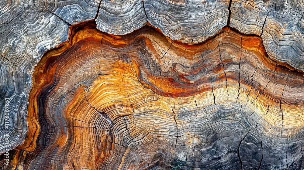 Poster abstract patterns of wood grain on cross section with vibrant colors and textures