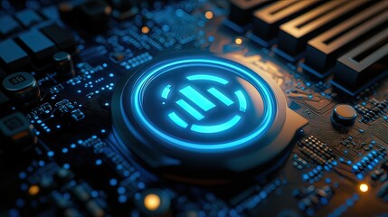 Glowing blue digital interface symbol on a circuit board.