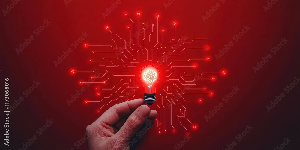 Poster a glowing light bulb surrounded by circuit patterns on a red background, symbolizing technology and 