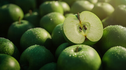 Obraz premium Close-up of fresh green apples, one cut in half, showing seeds and juicy texture.