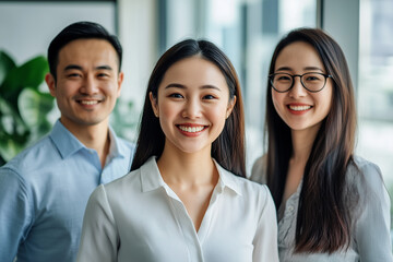 Portrait of happy Asian business marketing team in office. Colleagues, teamwork concept