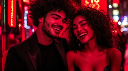 Happy couple laughing in neon city lights.