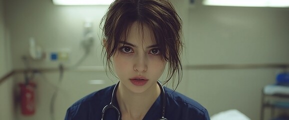 Serious young female doctor in hospital.