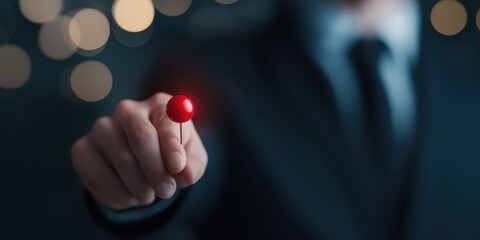 A business professional points a glowing red dot, symbolizing focus, innovation, or technology amidst a blurred, illuminated background.
