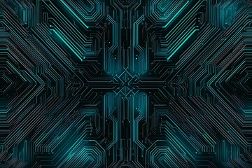 Abstract close-up of a glowing blue digital circuit board, showcasing intricate connections and technological design on a black background.
