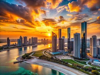 Obraz premium Abu Dhabi Al Reem Island Sunset: Aerial View of Silhouetted Skyscrapers