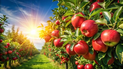 Obraz premium Abundant Red Apples on a Branch in a Sunny Orchard - Farm Fresh Fruit Harvest
