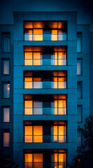 Modern apartment building at night, warm lights glow from windows, showing residential life.