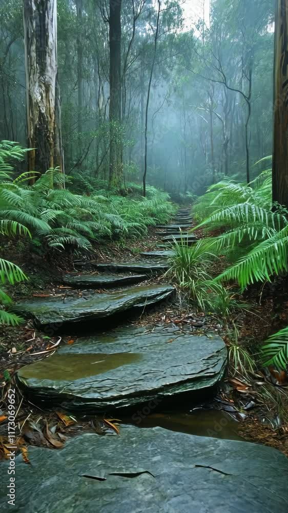 Poster misty forest pathway with stone steps surrounded by ferns in a tranquil nature setting