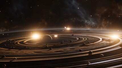 Fototapeta premium Artistic depiction of planets aligned in space with cosmic radiance
