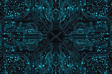 Abstract close-up of a glowing blue digital circuit board, showcasing intricate connections and technological design on a black background.
