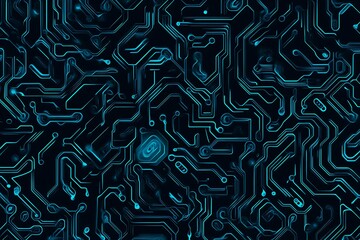 Abstract close-up of a glowing blue digital circuit board, showcasing intricate connections and technological design on a black background.
