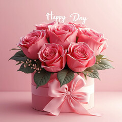 happy rose day gift box pink background