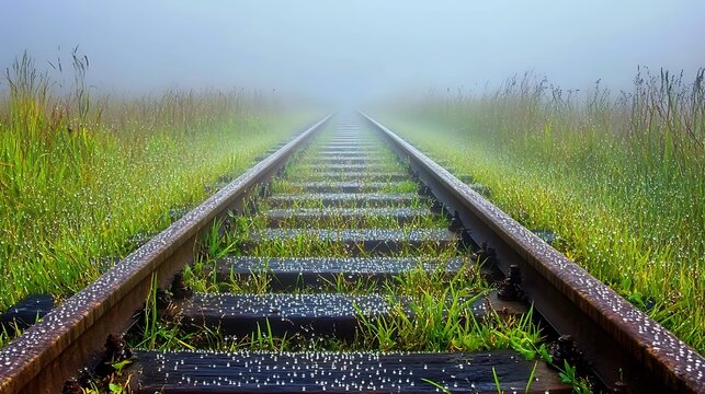 A tranquil railway track disappearing into morning fog with glistening dewdrops on the grass.