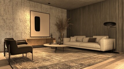 Neutral-toned living room mock-up with textured walls, a stylish rug, and a sleek sofa in a cozy yet modern layout